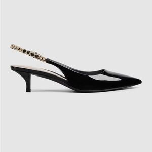 Authentic Gucci Black Patent Leather Slingback Heels with Gold Accents